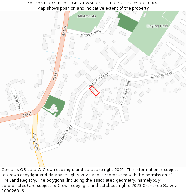 66, BANTOCKS ROAD, GREAT WALDINGFIELD, SUDBURY, CO10 0XT: Location map and indicative extent of plot