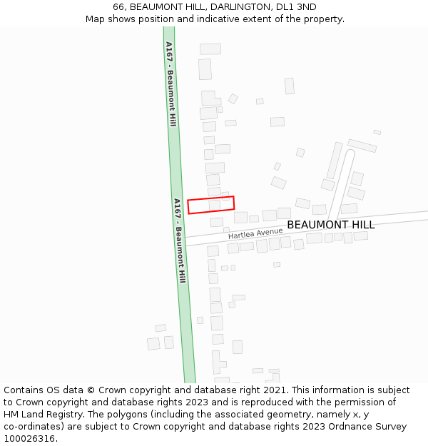 66, BEAUMONT HILL, DARLINGTON, DL1 3ND: Location map and indicative extent of plot