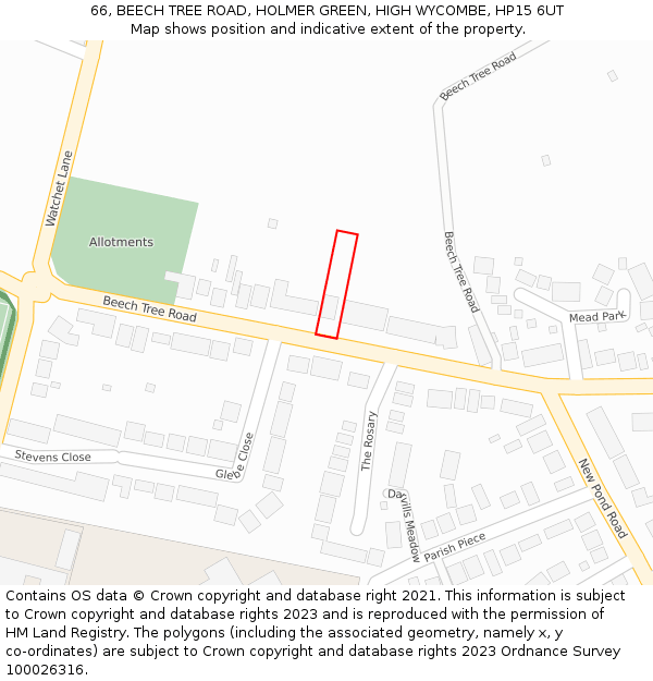 66, BEECH TREE ROAD, HOLMER GREEN, HIGH WYCOMBE, HP15 6UT: Location map and indicative extent of plot