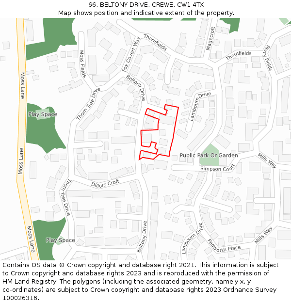 66, BELTONY DRIVE, CREWE, CW1 4TX: Location map and indicative extent of plot