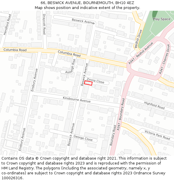 66, BESWICK AVENUE, BOURNEMOUTH, BH10 4EZ: Location map and indicative extent of plot