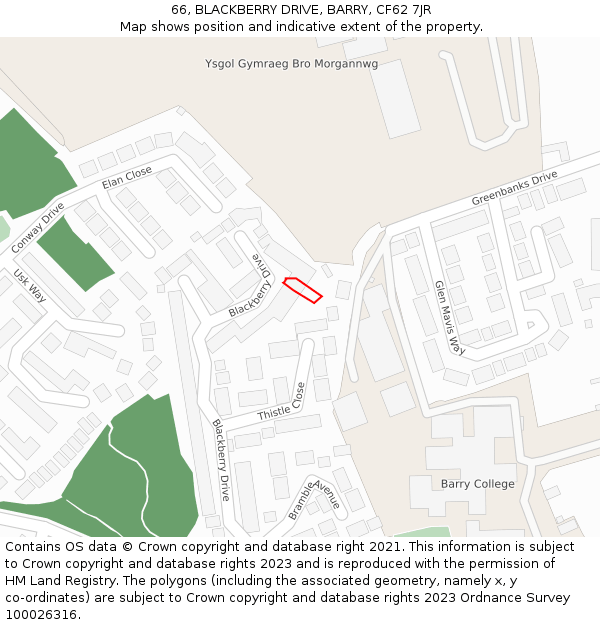 66, BLACKBERRY DRIVE, BARRY, CF62 7JR: Location map and indicative extent of plot