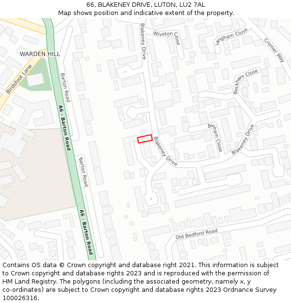 66, BLAKENEY DRIVE, LUTON, LU2 7AL: Location map and indicative extent of plot