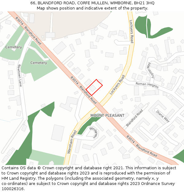 66, BLANDFORD ROAD, CORFE MULLEN, WIMBORNE, BH21 3HQ: Location map and indicative extent of plot
