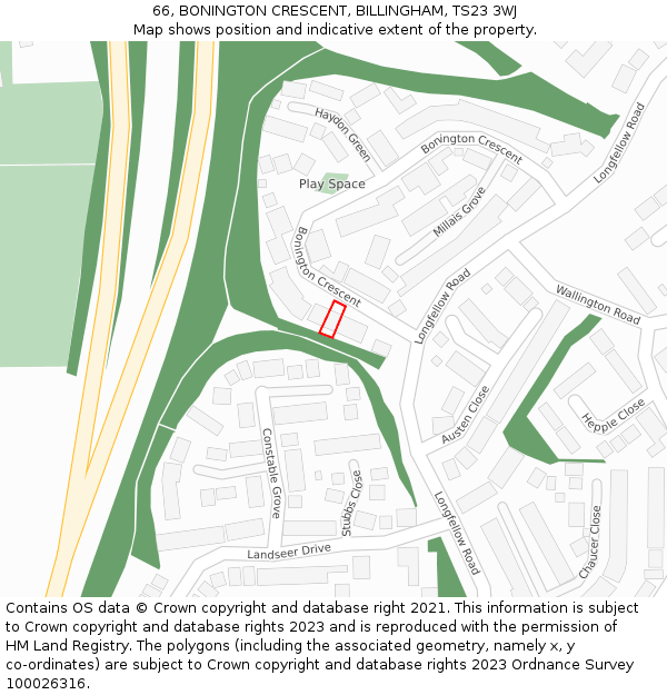 66, BONINGTON CRESCENT, BILLINGHAM, TS23 3WJ: Location map and indicative extent of plot