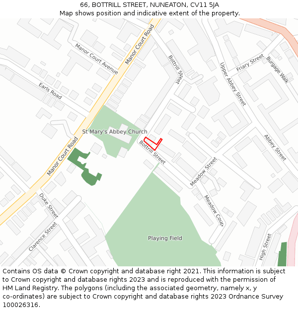 66, BOTTRILL STREET, NUNEATON, CV11 5JA: Location map and indicative extent of plot