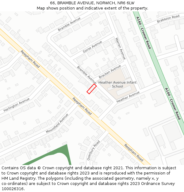 66, BRAMBLE AVENUE, NORWICH, NR6 6LW: Location map and indicative extent of plot