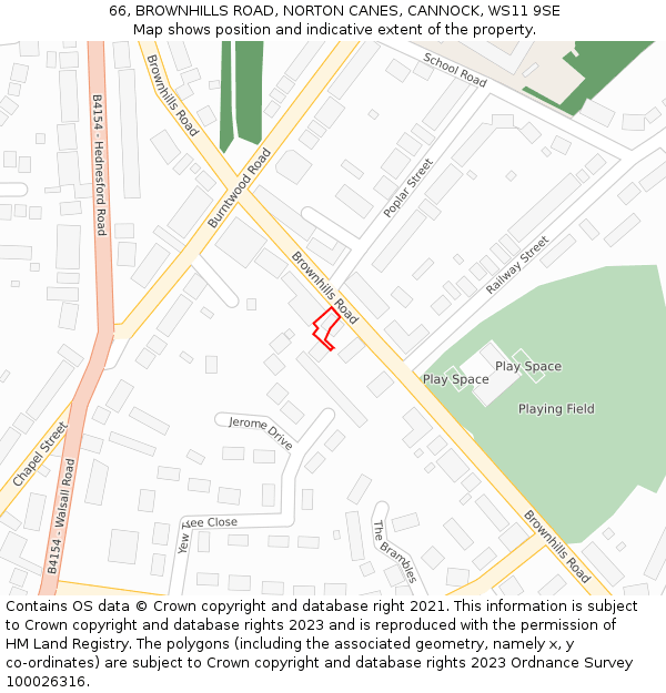 66, BROWNHILLS ROAD, NORTON CANES, CANNOCK, WS11 9SE: Location map and indicative extent of plot