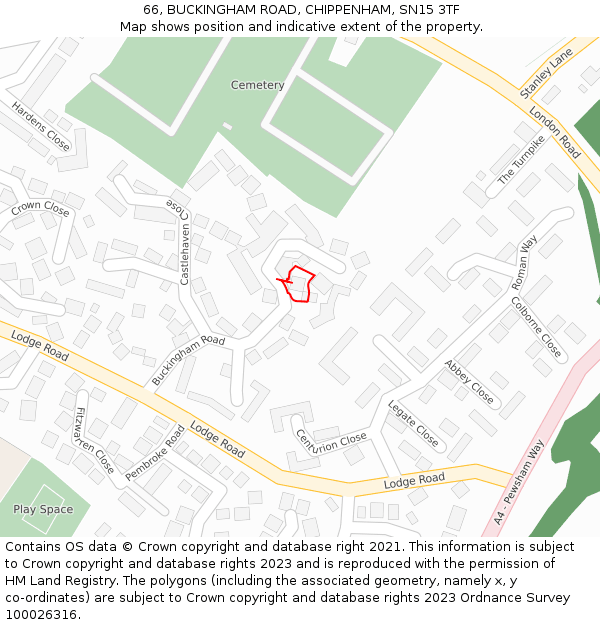 66, BUCKINGHAM ROAD, CHIPPENHAM, SN15 3TF: Location map and indicative extent of plot