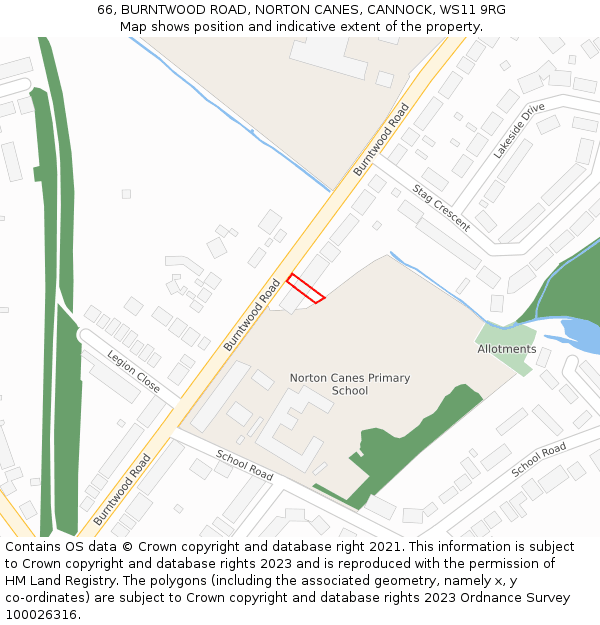 66, BURNTWOOD ROAD, NORTON CANES, CANNOCK, WS11 9RG: Location map and indicative extent of plot