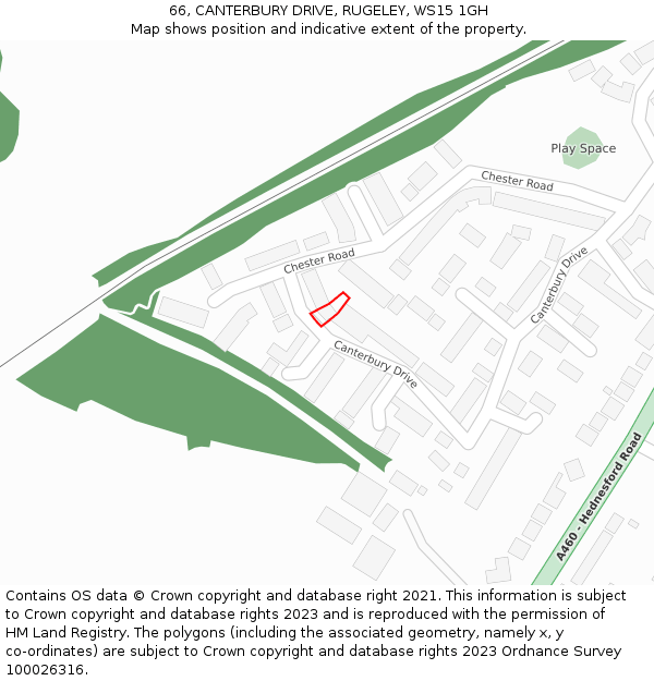66, CANTERBURY DRIVE, RUGELEY, WS15 1GH: Location map and indicative extent of plot