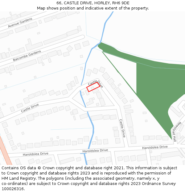 66, CASTLE DRIVE, HORLEY, RH6 9DE: Location map and indicative extent of plot