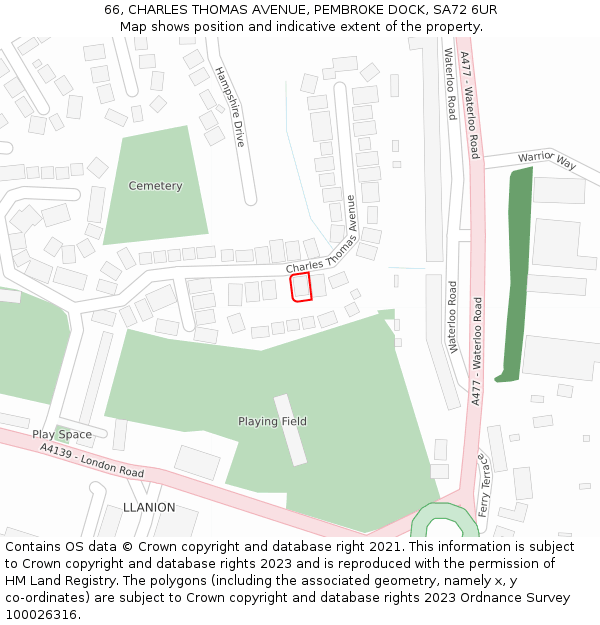 66, CHARLES THOMAS AVENUE, PEMBROKE DOCK, SA72 6UR: Location map and indicative extent of plot