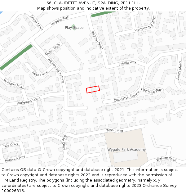 66, CLAUDETTE AVENUE, SPALDING, PE11 1HU: Location map and indicative extent of plot