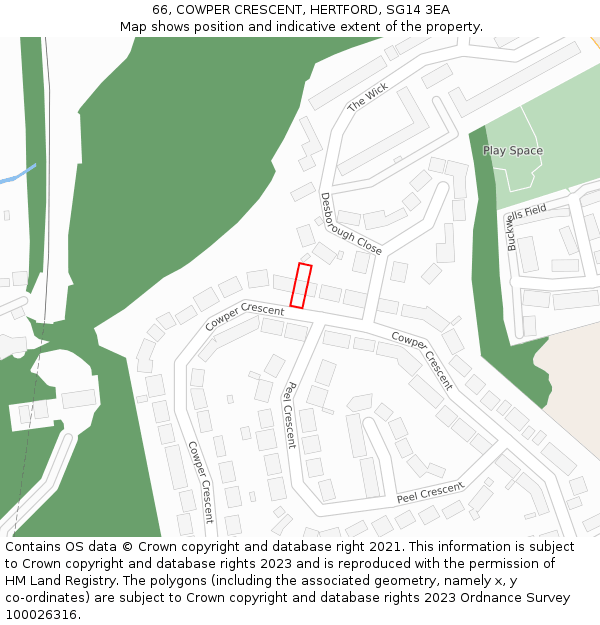 66, COWPER CRESCENT, HERTFORD, SG14 3EA: Location map and indicative extent of plot