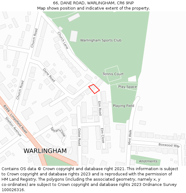 66, DANE ROAD, WARLINGHAM, CR6 9NP: Location map and indicative extent of plot