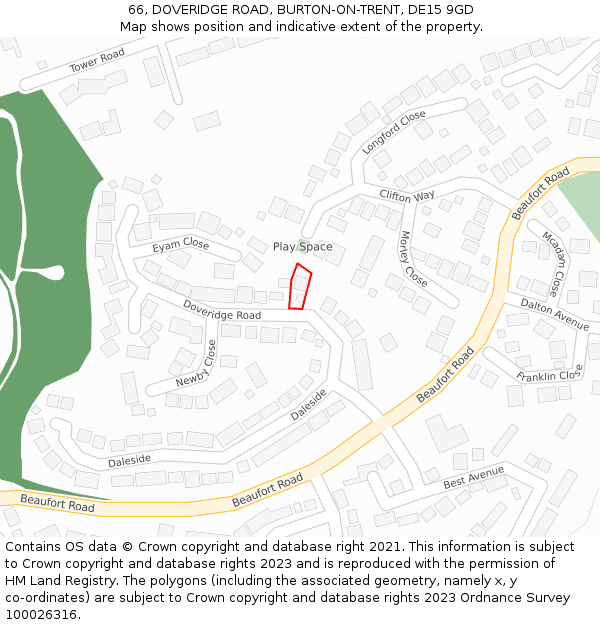 66, DOVERIDGE ROAD, BURTON-ON-TRENT, DE15 9GD: Location map and indicative extent of plot