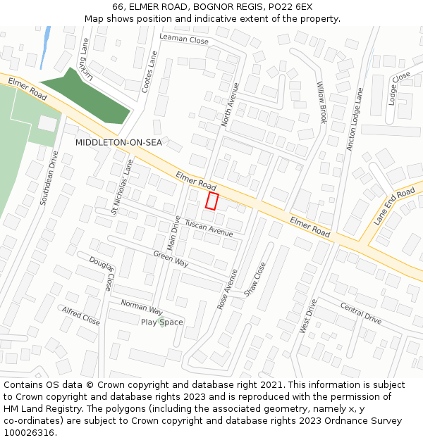 66, ELMER ROAD, BOGNOR REGIS, PO22 6EX: Location map and indicative extent of plot