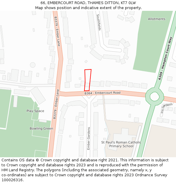 66, EMBERCOURT ROAD, THAMES DITTON, KT7 0LW: Location map and indicative extent of plot