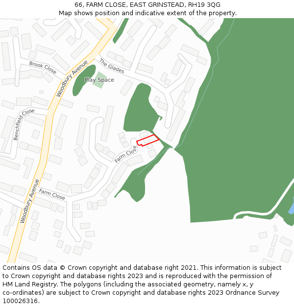 66, FARM CLOSE, EAST GRINSTEAD, RH19 3QG: Location map and indicative extent of plot