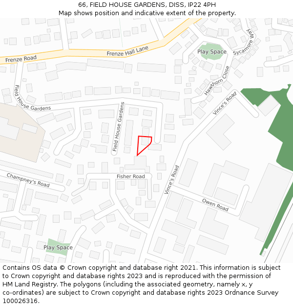 66, FIELD HOUSE GARDENS, DISS, IP22 4PH: Location map and indicative extent of plot
