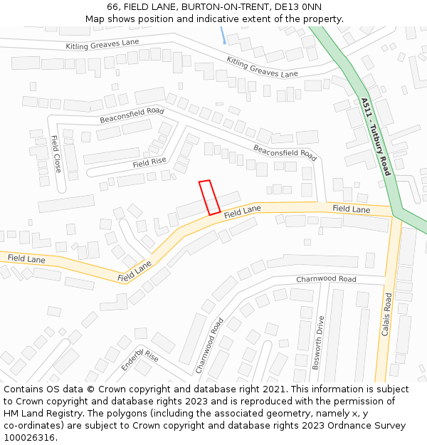 66, FIELD LANE, BURTON-ON-TRENT, DE13 0NN: Location map and indicative extent of plot