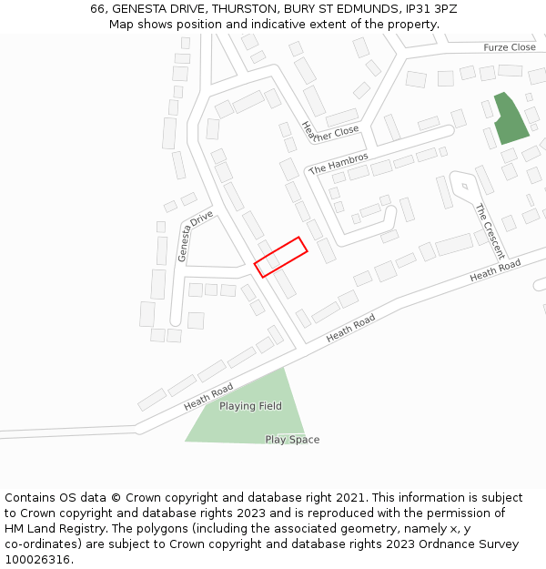 66, GENESTA DRIVE, THURSTON, BURY ST EDMUNDS, IP31 3PZ: Location map and indicative extent of plot