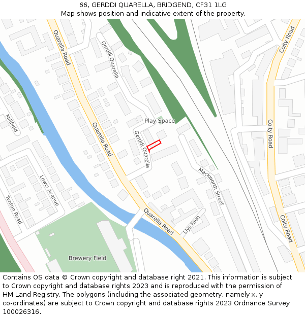 66, GERDDI QUARELLA, BRIDGEND, CF31 1LG: Location map and indicative extent of plot