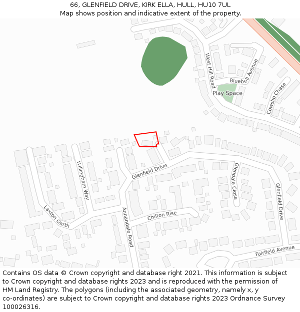 66, GLENFIELD DRIVE, KIRK ELLA, HULL, HU10 7UL: Location map and indicative extent of plot