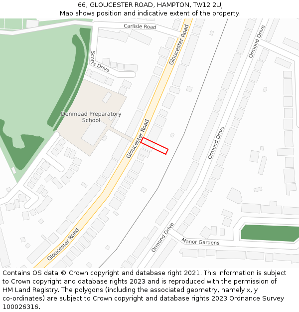 66, GLOUCESTER ROAD, HAMPTON, TW12 2UJ: Location map and indicative extent of plot