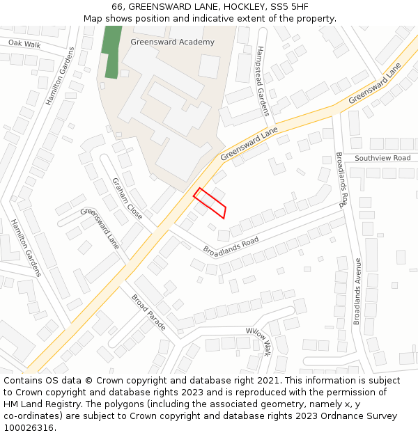 66, GREENSWARD LANE, HOCKLEY, SS5 5HF: Location map and indicative extent of plot