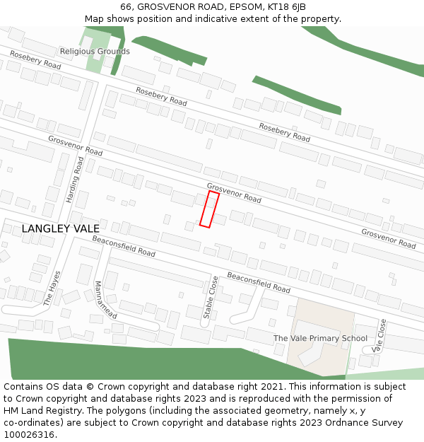 66, GROSVENOR ROAD, EPSOM, KT18 6JB: Location map and indicative extent of plot