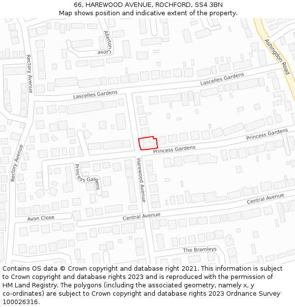 66, HAREWOOD AVENUE, ROCHFORD, SS4 3BN: Location map and indicative extent of plot