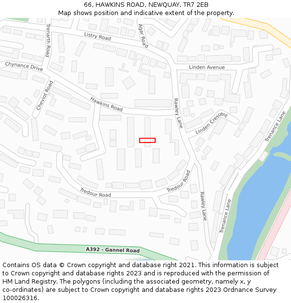 66, HAWKINS ROAD, NEWQUAY, TR7 2EB: Location map and indicative extent of plot