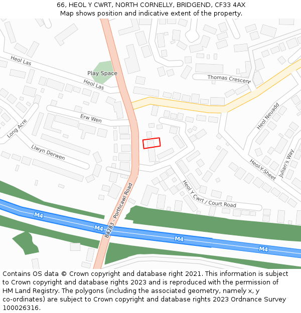 66, HEOL Y CWRT, NORTH CORNELLY, BRIDGEND, CF33 4AX: Location map and indicative extent of plot