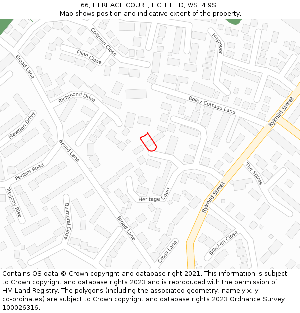 66, HERITAGE COURT, LICHFIELD, WS14 9ST: Location map and indicative extent of plot
