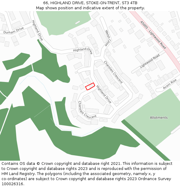 66, HIGHLAND DRIVE, STOKE-ON-TRENT, ST3 4TB: Location map and indicative extent of plot