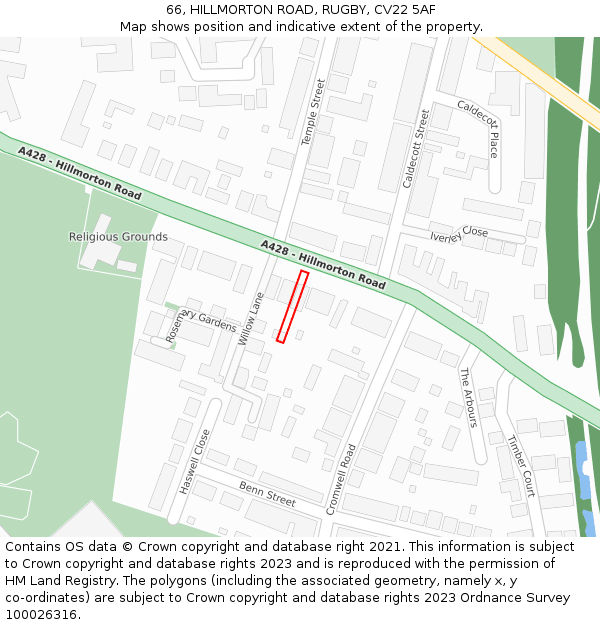 66, HILLMORTON ROAD, RUGBY, CV22 5AF: Location map and indicative extent of plot