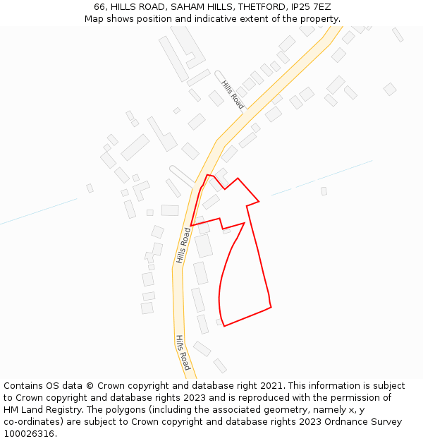 66, HILLS ROAD, SAHAM HILLS, THETFORD, IP25 7EZ: Location map and indicative extent of plot