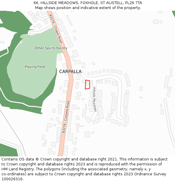 66, HILLSIDE MEADOWS, FOXHOLE, ST AUSTELL, PL26 7TA: Location map and indicative extent of plot