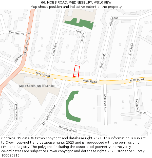 66, HOBS ROAD, WEDNESBURY, WS10 9BW: Location map and indicative extent of plot