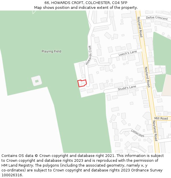 66, HOWARDS CROFT, COLCHESTER, CO4 5FP: Location map and indicative extent of plot