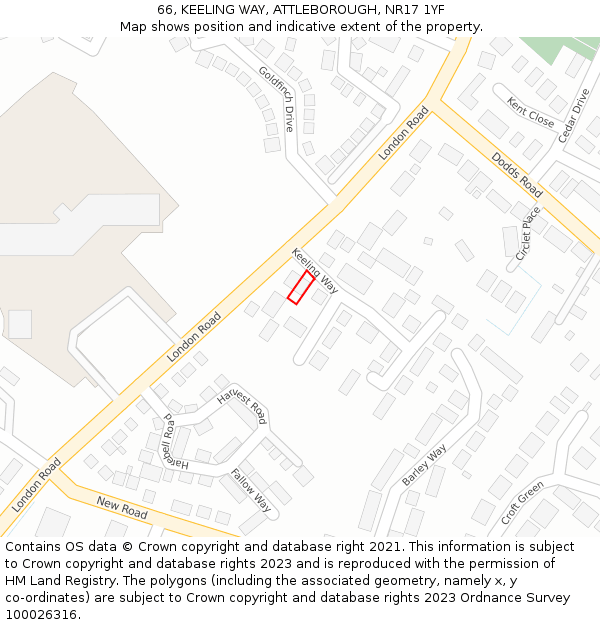 66, KEELING WAY, ATTLEBOROUGH, NR17 1YF: Location map and indicative extent of plot