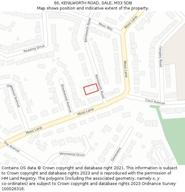 66, KENILWORTH ROAD, SALE, M33 5DB: Location map and indicative extent of plot