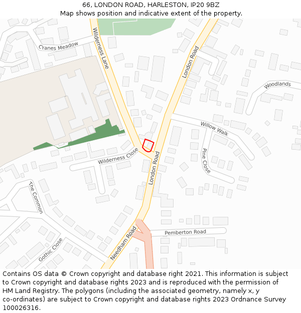 66, LONDON ROAD, HARLESTON, IP20 9BZ: Location map and indicative extent of plot