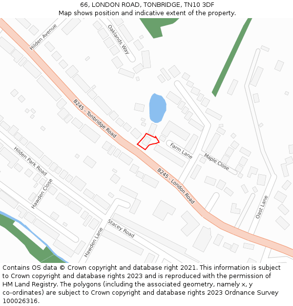 66, LONDON ROAD, TONBRIDGE, TN10 3DF: Location map and indicative extent of plot