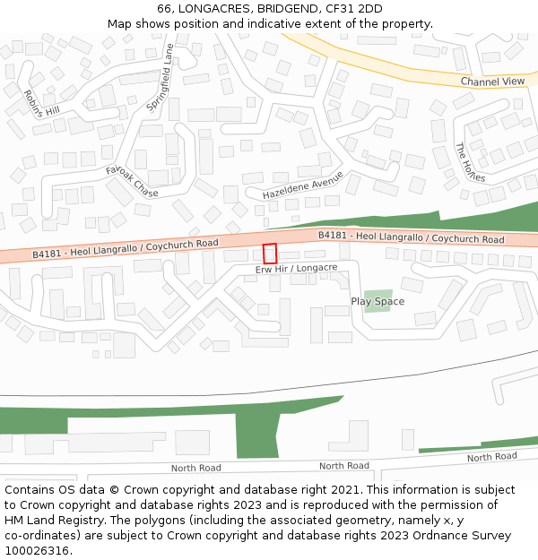 66, LONGACRES, BRIDGEND, CF31 2DD: Location map and indicative extent of plot