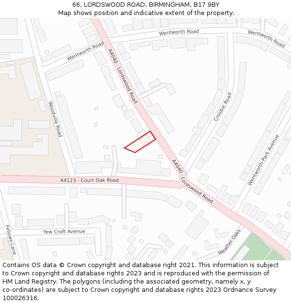 66, LORDSWOOD ROAD, BIRMINGHAM, B17 9BY: Location map and indicative extent of plot