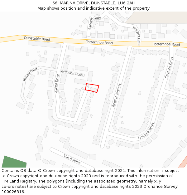 66, MARINA DRIVE, DUNSTABLE, LU6 2AH: Location map and indicative extent of plot