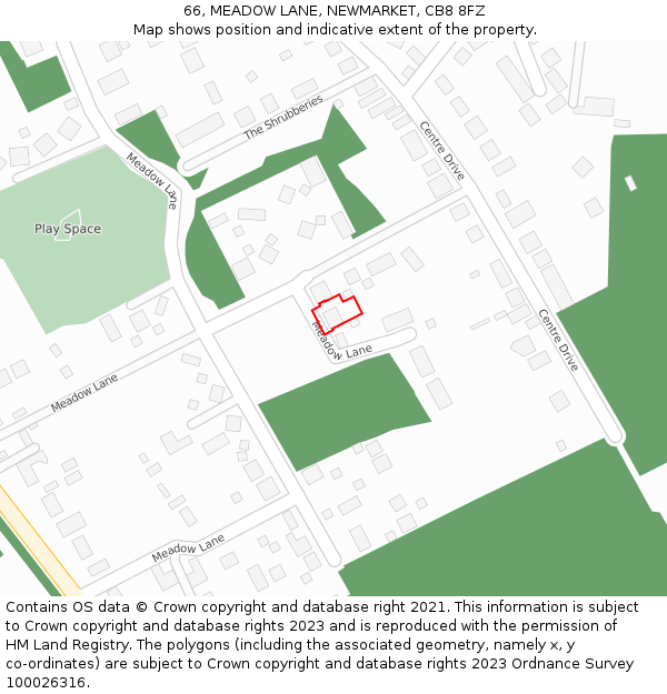 66, MEADOW LANE, NEWMARKET, CB8 8FZ: Location map and indicative extent of plot